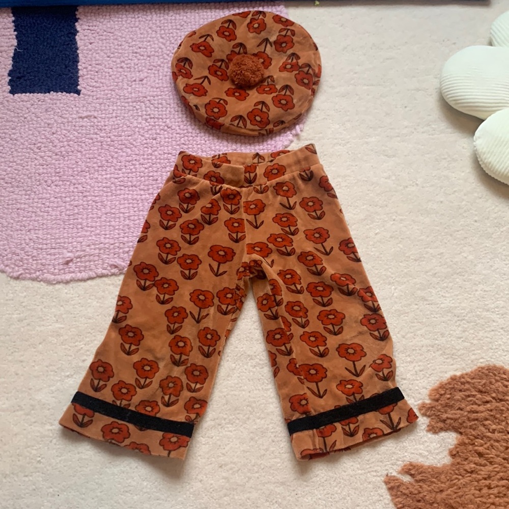Mini Rodini brown floral velour pant and hat set 2-3T